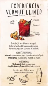 Folleto de la Experiencia Vermut Leiner: Leinermut, Vermut Barrica y cocina del bisabuelo, 26 euros por persona